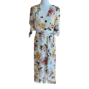 Esther & Co Louise Floral Midi Full Wrap‎ Dress Size S Yellow Cream Lined NWT